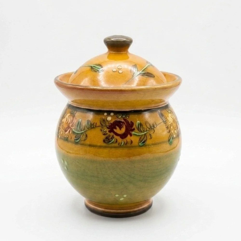 Veronique Pichon Uzes French Art Pottery Lidded Confit Jar Floral 7x5 Vintage